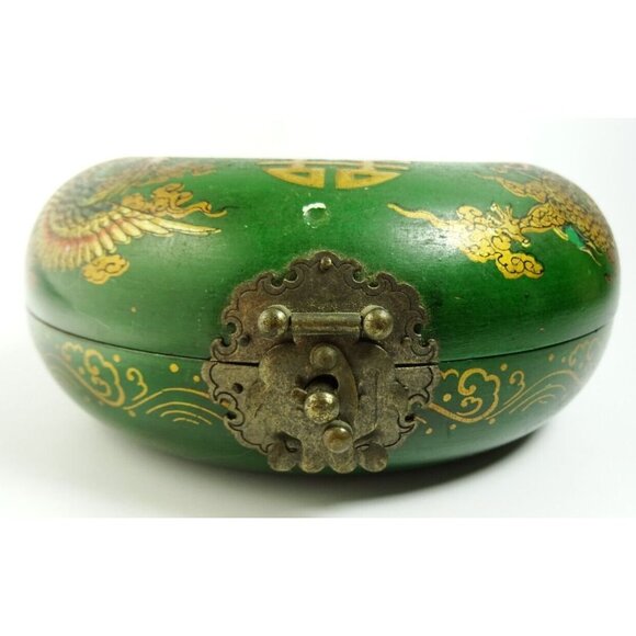 Vintage Asian Round Donut Necklace Jewelry Trinket Box Green Dragons Hinged - Picture 4 of 11